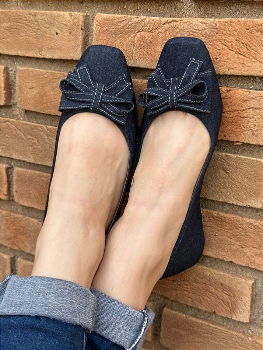 Sapatilha Bico Quadrado Lacinho Jeans