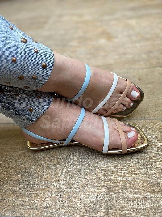 Sandália Rateira Rio Tiras Rosê, off white e azul