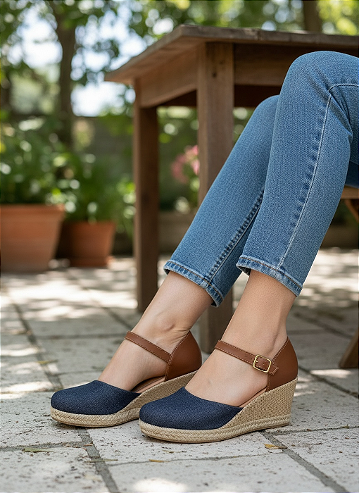 Anabela Espadrille Fivela Jeans/Caramelo