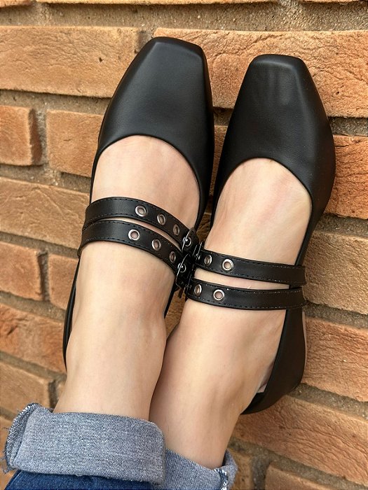 Sapatilha Bico Quadrado FIvela Dupla Preta