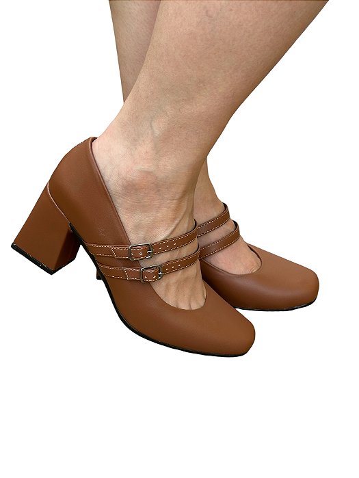Scarpin Mary Jane Fivela Dupla Caramelo