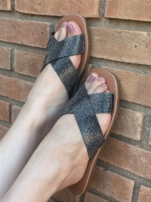 Chinelo Cruzado Strass Preto Onix