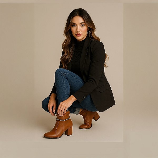 Bota Salto Bloco Corrente Caramelo