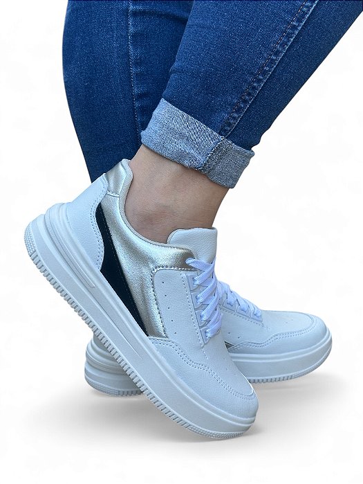 Tênis PLATAFORMA Branco Detalhe Prata Onix