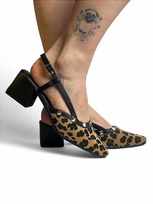 Scarpin Slingback Tina Salto Bloco Onça