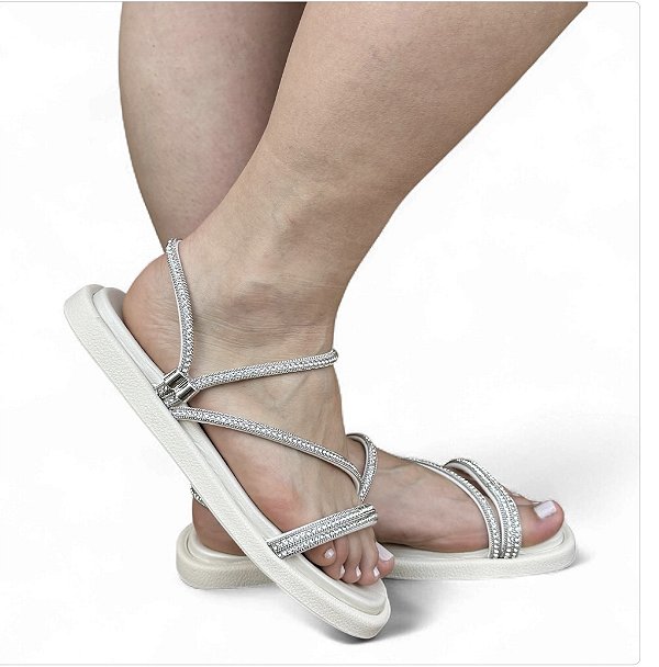 Sandália Flat 2 em 1 Pedraria Off-White