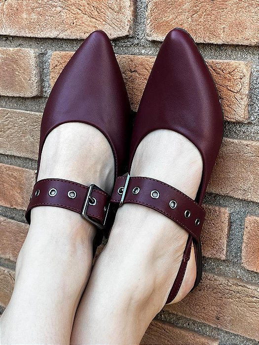 Sapatilha Bico Fino Slingback Fivela Marsala