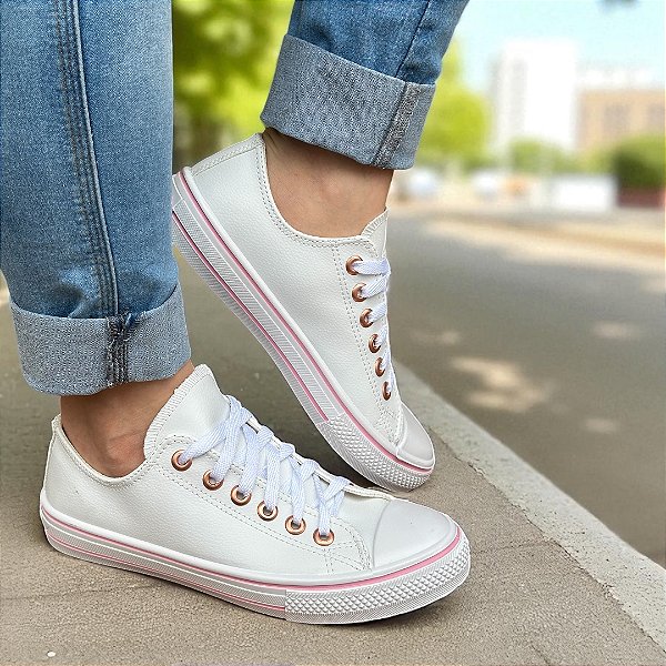 Tênis Star PREMIUM NAPA Branco Ilhós Bronze/Rosa