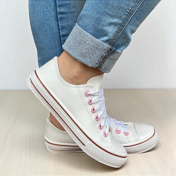 Tênis Star PREMIUM NAPA Branco Ilhós Rosa/Bronze