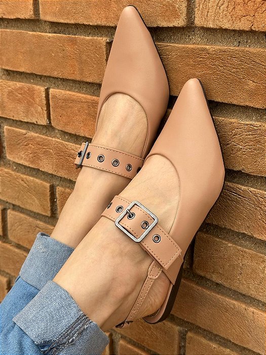Sapatilha Bico Fino Slingback Fivela Nude