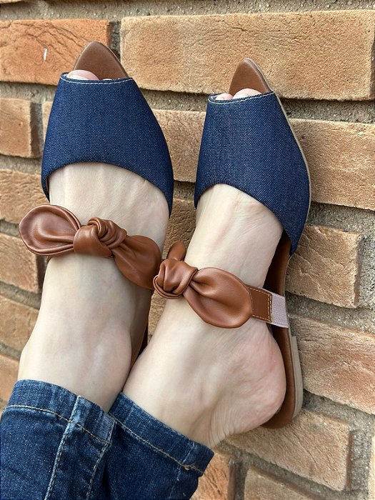 Mule Bico Folha Lacinho Jeans/Caramelo