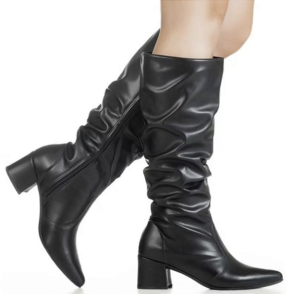 Bota Bico Fino Cano Alto Enrugada PRETA