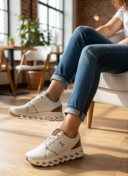 Tênis Meia Sport Bege/Caramelo