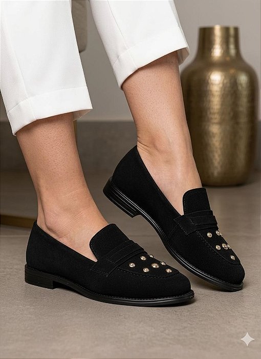 Mocassim Slim Rebite Camurça Preto