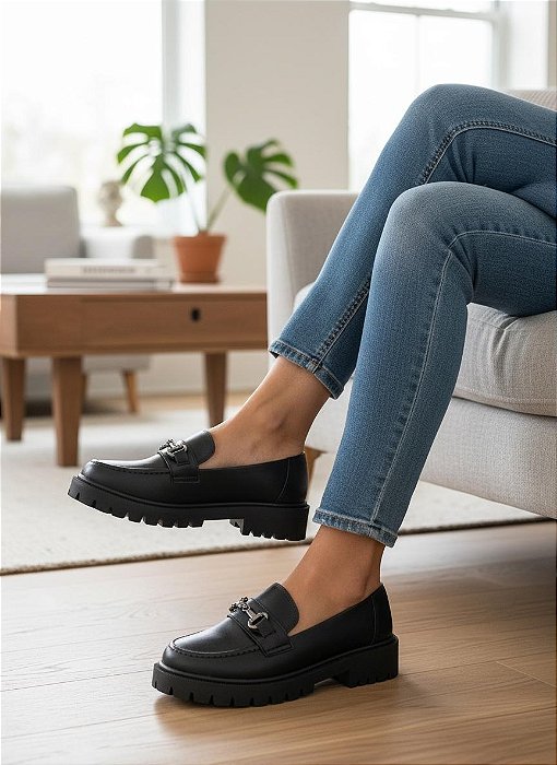 Mocassim Tratorado Fivela Fina Preto
