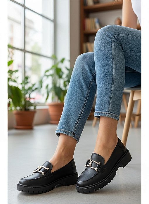 Mocassim Tratorado Preto Fivela Dourada