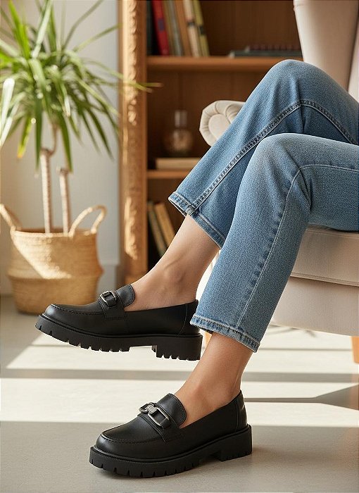 Mocassim Tratorado Strass Preto