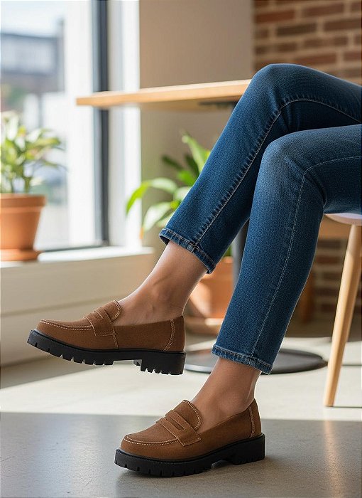 Mocassim Tratorado Suede Total Caramelo