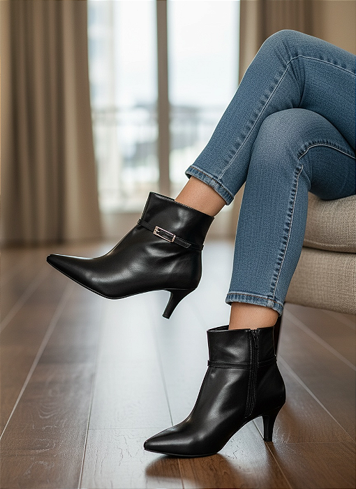 Bota Bico fino com salto FINO Suíça Preta modelo 2 em 1