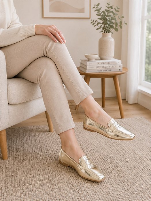 Mocassim Metalizado Total Dourado