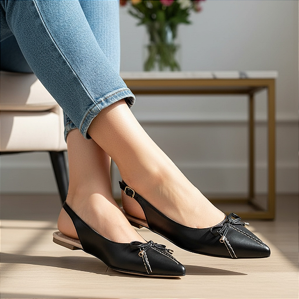 Sapatilha Slingback Bordada Preta