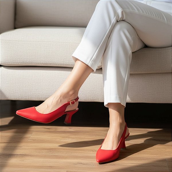 Sapato Scarpin Slingback Salto Taça Liso Vermelho