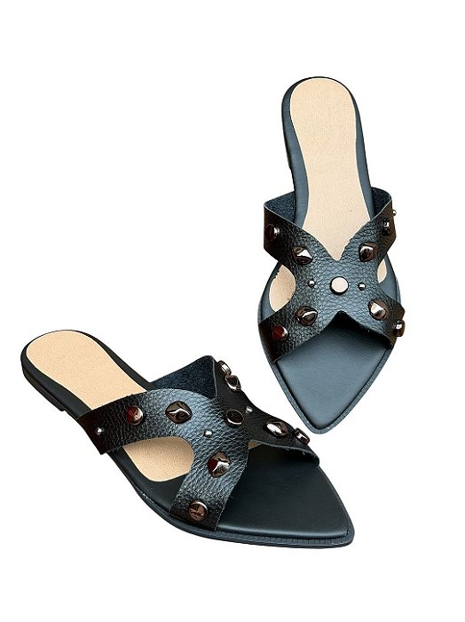 Chinelo Rasteira Bico Folha Spike Preta