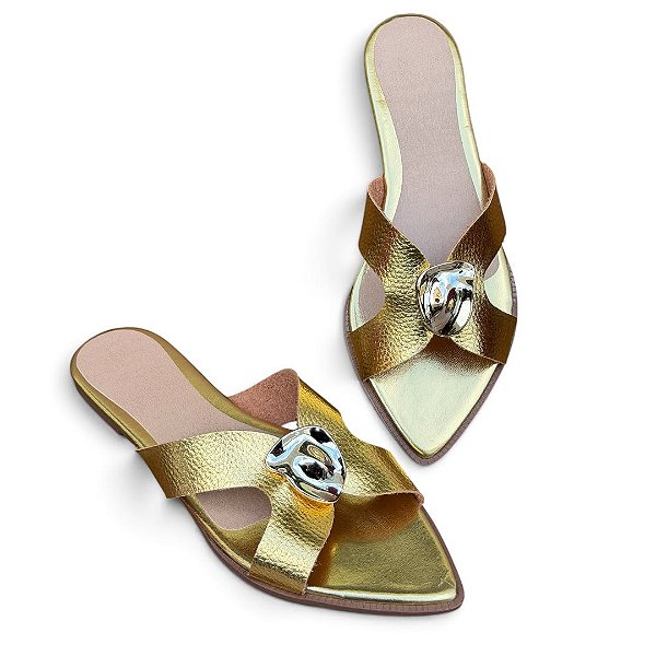 Chinelo Rasteira Bico Folha Olinda Dourada