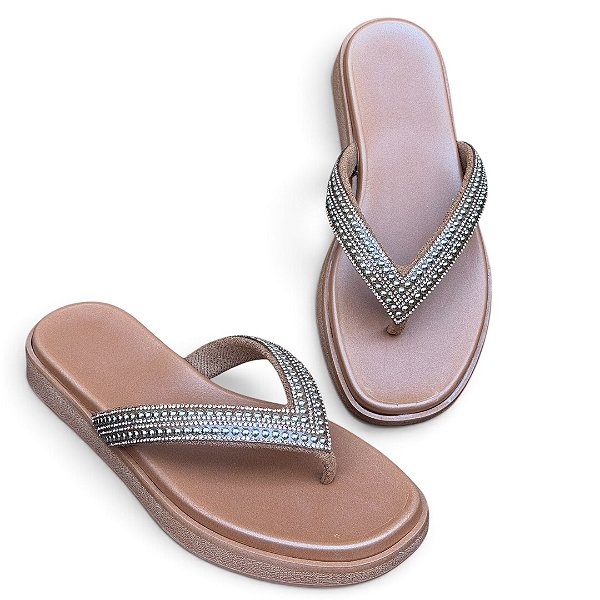 Chinelo Flat Pedraria Caramelo