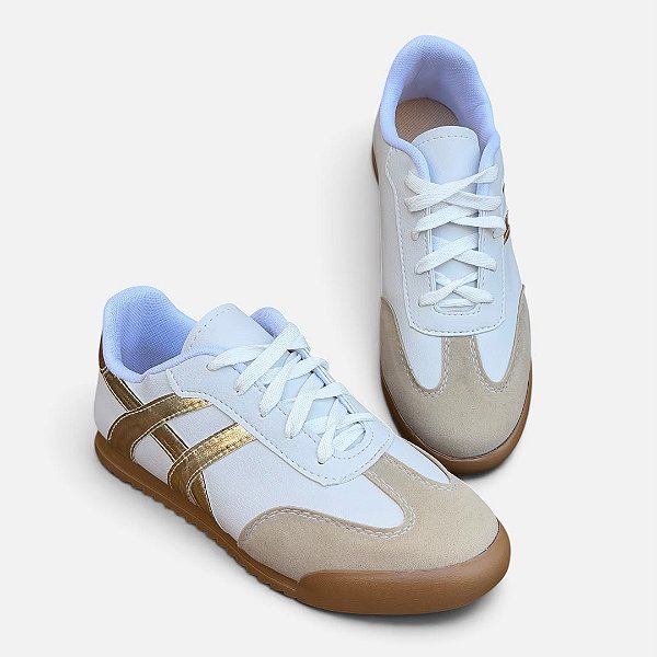 Tênis Cadarço Casual Branco/Dourado