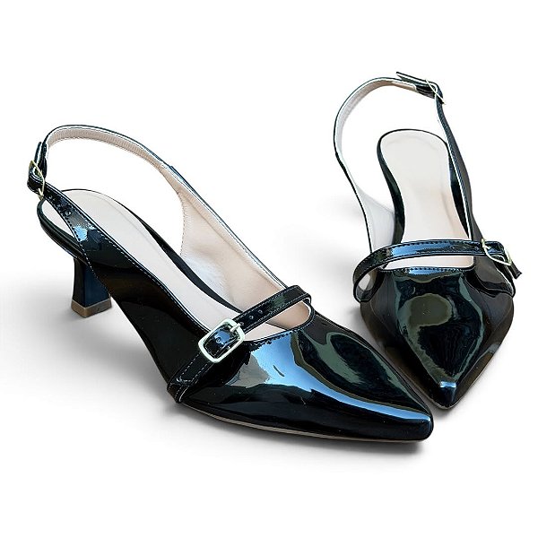 Scarpin Slingback Salto Taça Fivela Preto Verniz