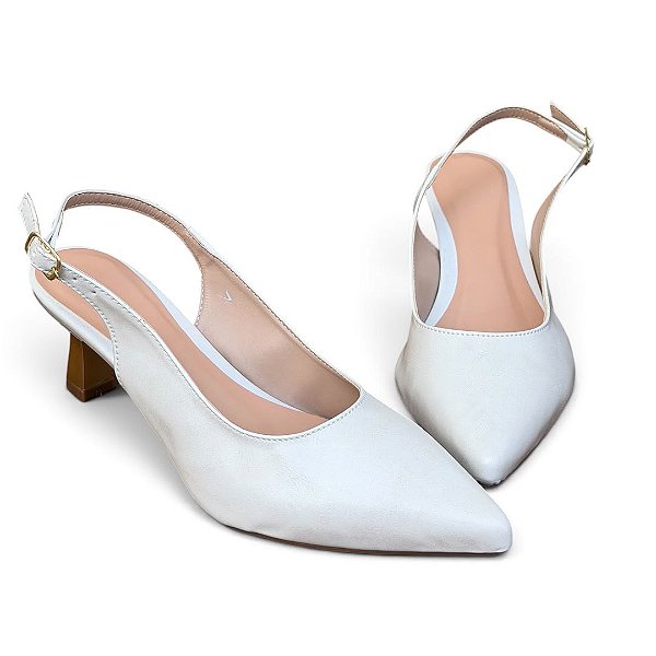 Scarpin Slingback Salto Taça Cromado Liso Off-White