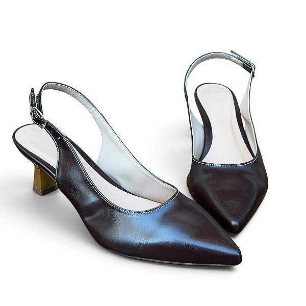 Scarpin Slingback Salto Taça Cromado Liso Café