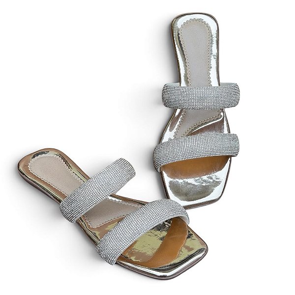 Chinelo Rasteira Faixa Dupla Pedraria Rose Gold