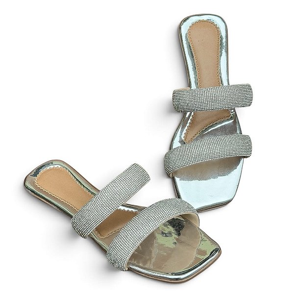 Chinelo Rasteira Faixa Dupla Pedraria Prata