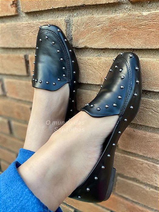Mocassim Quadrado Rebite Preto