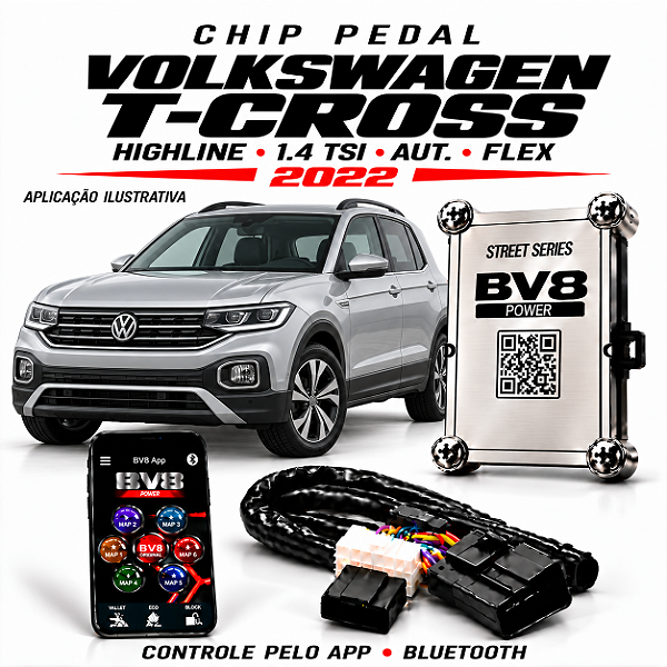Chip Pedal Volkswagen T-Cross Highline 1.4 TSI automático flex, ano 2022 BV8 Power App Bluetooth Street Series