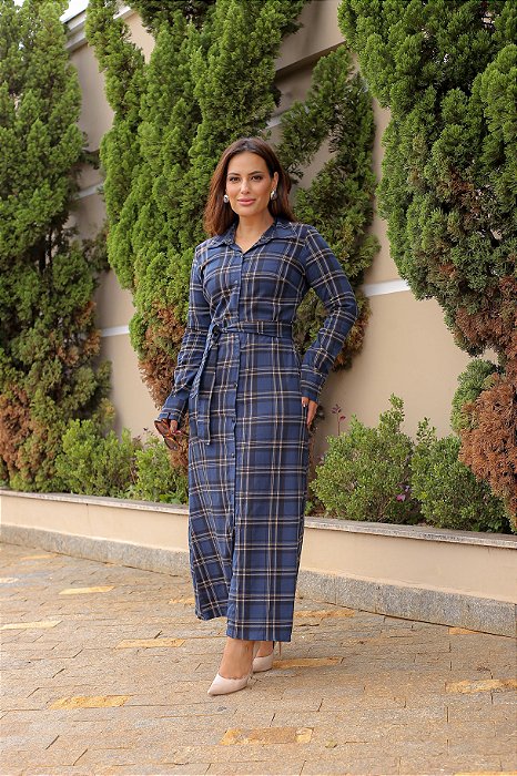 Vestido Renata Xadrez Longo com Faixa