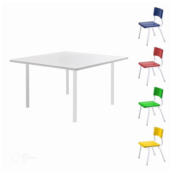 Conjunto Quadrado c/ 04 Cadeiras COLORIDO – TAMPO BRANCO – 02 a 06 Anos – INFANTIL – 41095