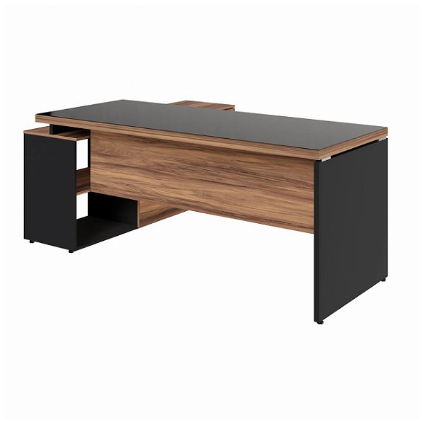 Mesa de Escritório Diretor em 'L' com Vidro Fumê - 1,90x1,50 - Nogal Sevilha/Preto - 21428 - Casa das Cadeiras