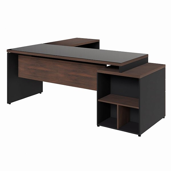 Mesa de Escritório em 'L' com Vidro Fumê - 1,92x1,60 - Marsala/Preto - 23486 - Casa das Cadeiras Goiânia