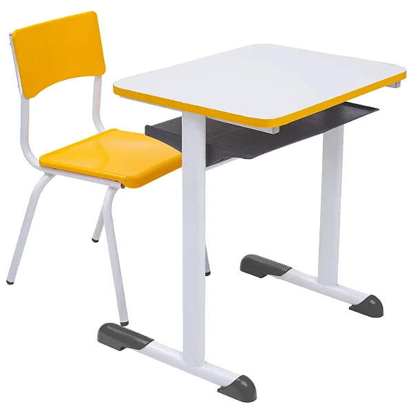 Conjunto Escolar Individual Retangular Tampo de MDF Amarelo – JUVENIL (06 a 10 anos) – 77606 - Casa das Cadeiras Goiânia