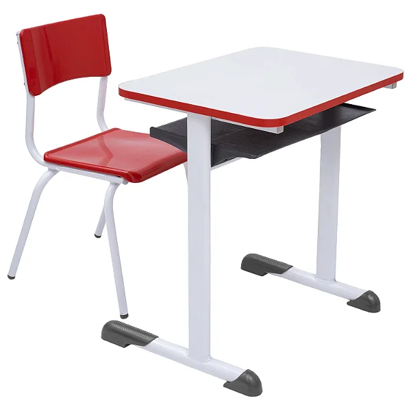 Conjunto Escolar Individual Retangular Tampo de MDF Vermelho – JUVENIL (06 a 10 anos) – 77607 - Casa das Cadeiras Goiânia