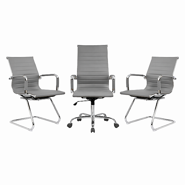 Kit Cadeiras Esteirinhas Cinza - 1 Presidente + 2 Fixas - 48241 - Casa das Cadeiras Goiânia