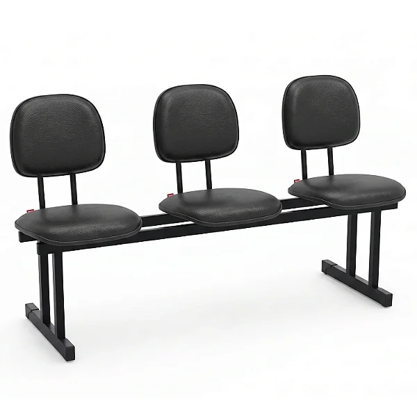 Longarina Para Recepção Secretária Estofada Courvin Preto 03 Lugares - 01433 - Casa das Cadeiras Goiânia