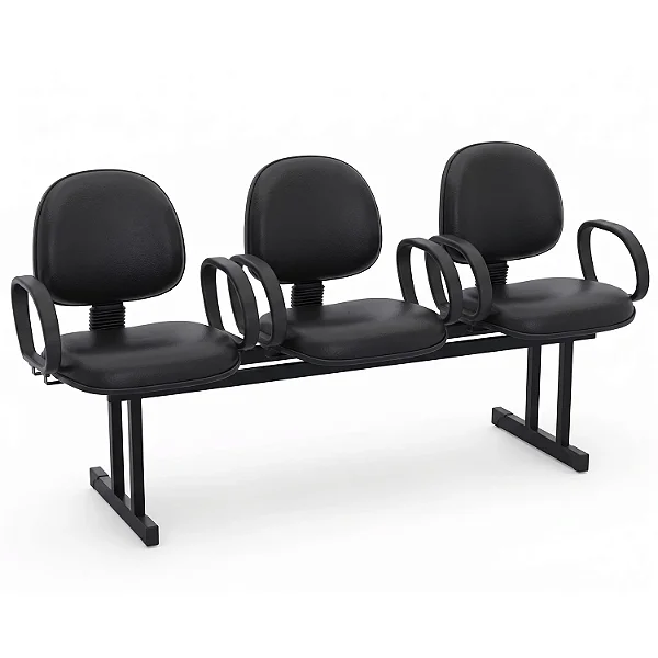 Longarina Para Recepção Executiva Lisa Estofada Courvin Preto 03 Lugares Com Braços Fixos - 01439 - Casa das Cadeiras Goiânia