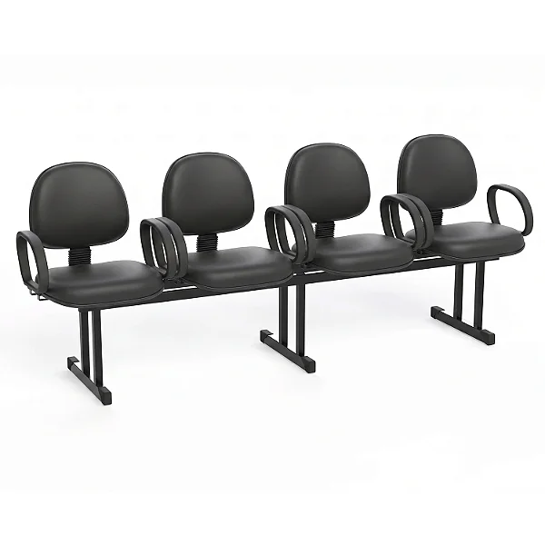 Longarina Para Recepção Executiva Lisa Estofada Courvin Preto 04 Lugares Com Braços Fixos - 01440 - Casa das Cadeiras Goiânia