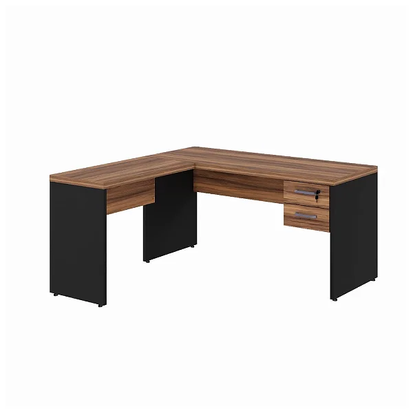 Mesa de Escritório em "L" (1,70x0,70) Com Gavetas + Mesa Auxiliar (0,90x0,45) Nogal/Preto - 48767 - Casa das Cadeiras Goiânia