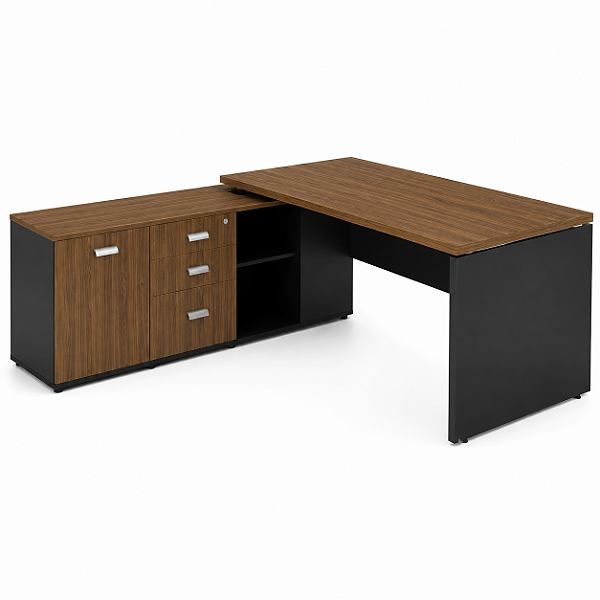 Mesa DIRETOR Com Armário Lateral em L (1,95x1,60) Nogal/Preto - 98534 - Casa das Cadeiras Goiânia
