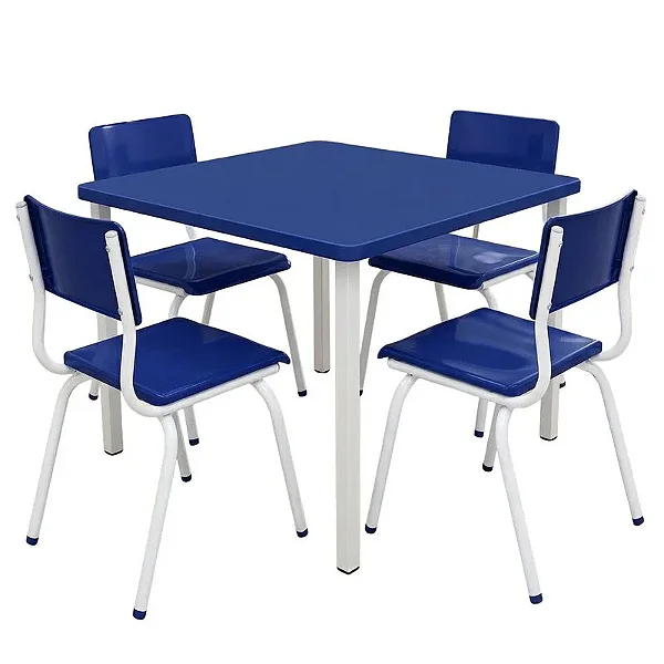 Conjunto Coletivo Escolar Quadrado Azul com Mesa Quadrada + 4 Cadeiras – MATERNAL (01 a 03 anos) – 76584 - Casa das Cadeiras Goiânia
